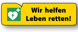 Ein gelbes Logo mit schwarzer Umrandung - Text: Wir helfen Leben retten und einem grünem Icon auf der linken Seite mit einem weißem Herz, welches ein grünes Blitzzeichen in der Mitte hat, rechts neben dem Herz ist ein Pluszeichen zu sehen